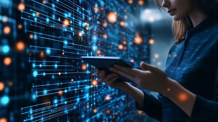 Woman Holding Tablet Analyzing Complex Data Network with Glowing Nodes and Lines