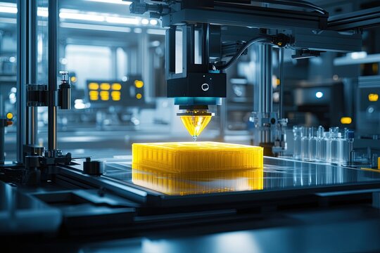 3D printer manufacturing yellow plastic object in modern factory. - Powered by Adobe