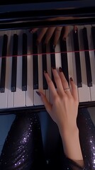 Woman Playing Piano Keys with Manicured Nails & Elegant Ring in Elegant Style