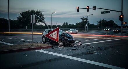 Small car collided with a yield sign pole at dusk, front heavily damaged and debris scattered traffic lights glow red as other vehicles navigate the intersection.
