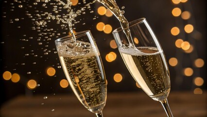 Champagne flutes being filled, sparkling wine pours, celebratory toast, festive bokeh background.