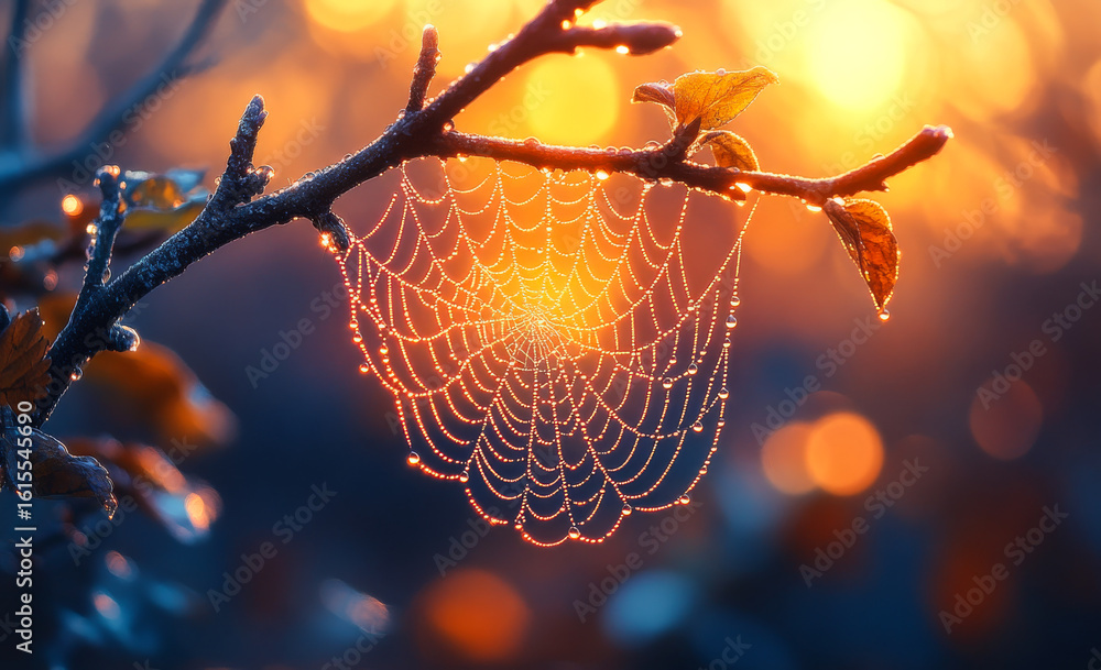 Poster spiderweb sparkles at dawn. morning light shines through a spiderweb adorned with dew, highlighting 