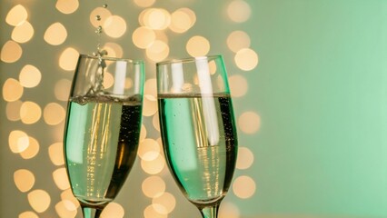 Two champagne glasses being filled with liquid, creating a splash against a blurred, bokeh-lit background.