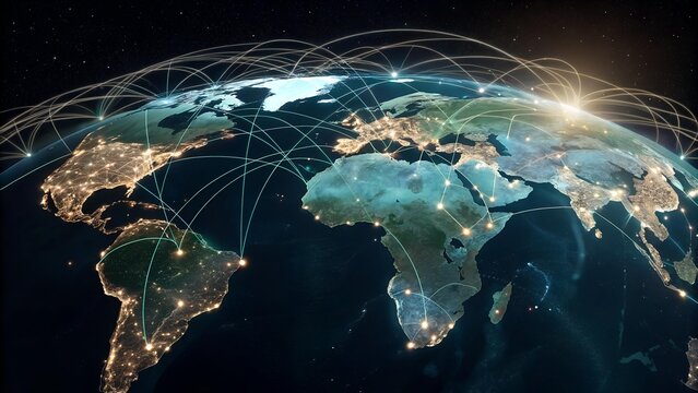 The image displays a digital representation of the Earth with interconnected networks illuminated as golden lines, symbolizing global connectivity and