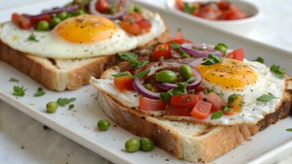 Two slices of toast topped with fried eggs and fresh vegetables.
