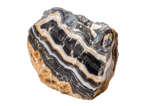 Close up of a striking banded onyx mineral stone displayed against a transparent background