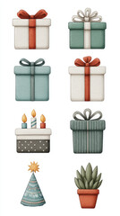 Gift box with bow and party hat with plant