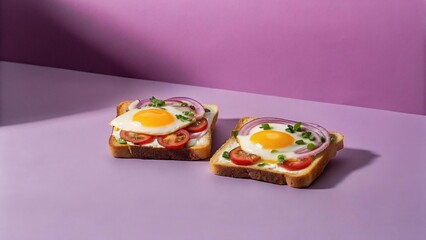 Two sunny-side-up eggs on toast with sliced tomatoes and red onions, artfully arranged on a purple surface.
