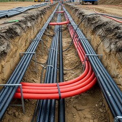 Neatly arranged underground conduits in parallel rows supported by metal frames inside a deep construction trench showcasing infrastructure installation in progress