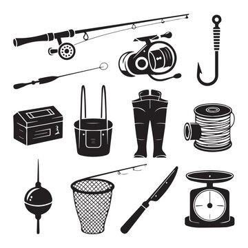 Vector art of a collection of essential fishing gear silhouettes, including rods, reels, hooks, and tackle for the avid angler