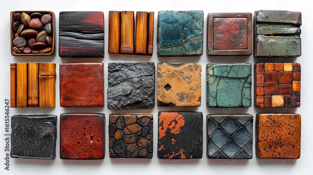 Poster collection of diverse textured square objects on a white background featuring natural materials