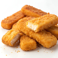 Crispy fish fingers isolated on a white background.