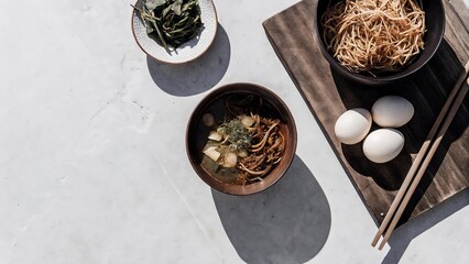 Sunlit flatlay showcasing a bowl of ramen, alongside dried noodles, eggs, seaweed, and chopsticks.