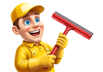 Cheerful Cartoon Cleaner Holding Red Brush With Yellow Outfit Isolated
