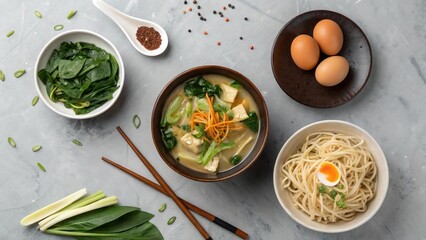 A vibrant overhead shot showcasing a delicious miso soup with noodles, tofu, spinach, and eggs, accompanied by fresh ingredients.