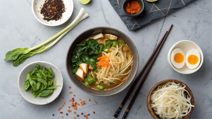 Overhead view of a bowl of ramen with tofu, vegetables, and noodles, accompanied by condiments and chopsticks on a textured surface.