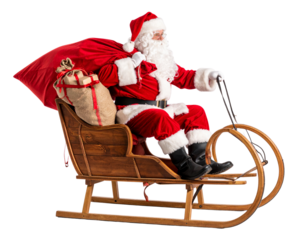 Santa Claus Sitting on a Sleigh with Gift Sack, Side View, Transparent Background