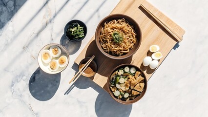 A high-angle view of a wooden cutting board with bowls of noodles, pickled vegetables, and hard-boiled eggs.