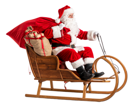 Santa Claus Sitting on a Sleigh with Gift Sack, Side View, Transparent Background