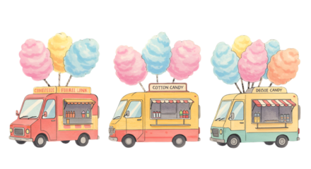 Colorful Pixel Art Illustration Of Food Trucks Selling Cotton Candy On Transparent Background