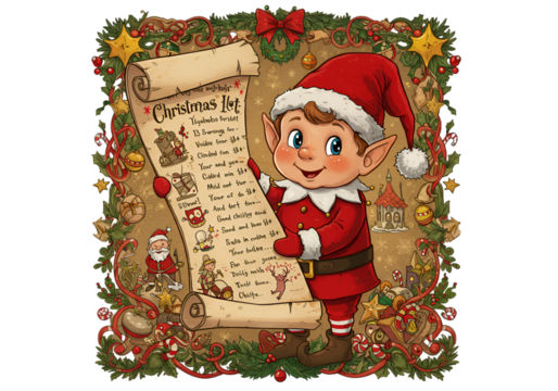 Cheerful Elf in Red Holds Christmas List Illustration on Transparent Background