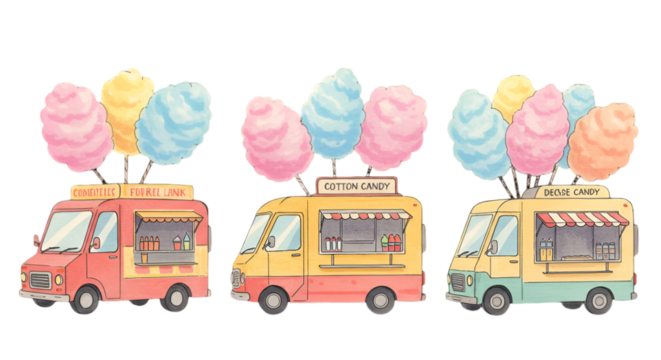 Colorful Pixel Art Illustration Of Food Trucks Selling Cotton Candy On Transparent Background