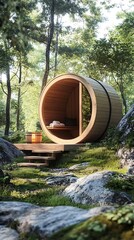 Wooden Barrel Structure Nestled in Forest with Steps and Nature Landscape View