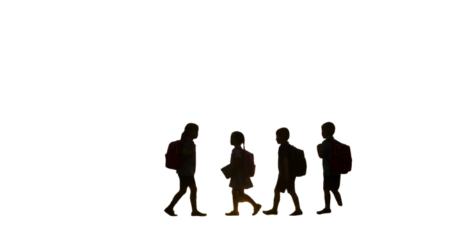 Children Walking Together Silhouette Illustration With Backpacks In Dark Night