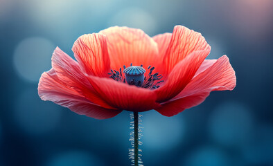 Vibrant red poppy blossom in soft light. A striking red poppy stands tall, showcasing delicate petals and intricate details, illuminated by soft, natural light.