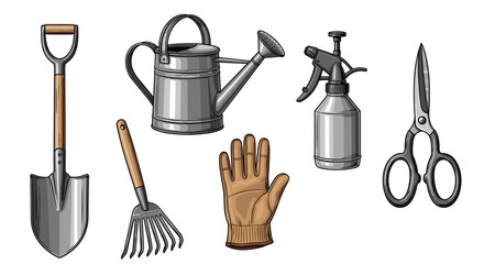 Gardening essentials illustration: shovel, rake, watering can, glove, sprayer, scissors