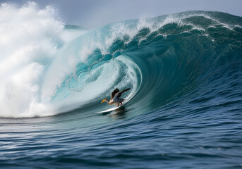 A surfer rides a massive, powerful barrel wave, showcasing skill and adrenaline amidst the ocean's raw energy.