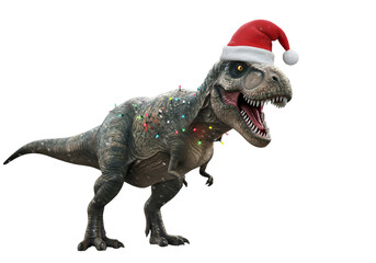 Christmas Illustration of a Tyrannosaurus Rex Wearing Santa Hat with Lights