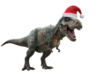 Christmas Illustration of a Tyrannosaurus Rex Wearing Santa Hat with Lights