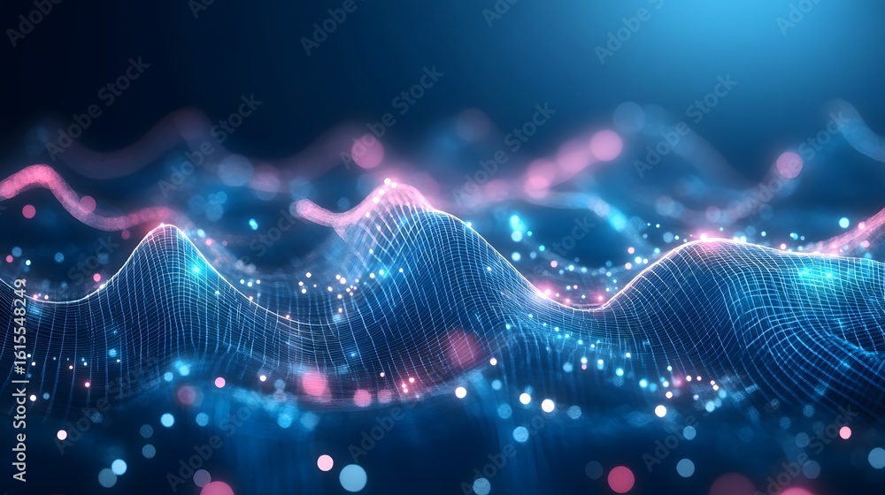 Poster abstract digital landscape with glowing network structures.