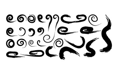 A set of abstract black ink spiral and swirl brush strokes, hand painted with a grunge artistic style on a white background. Perfect for digital artwork, posters, invitations, creative illustrations.