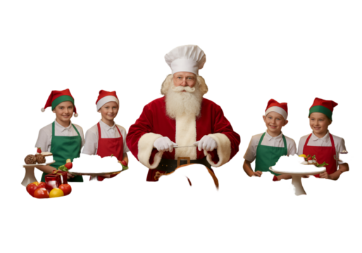 Christmas Illustration Of Santa Claus Chef And Kids Serving Holiday Cake
