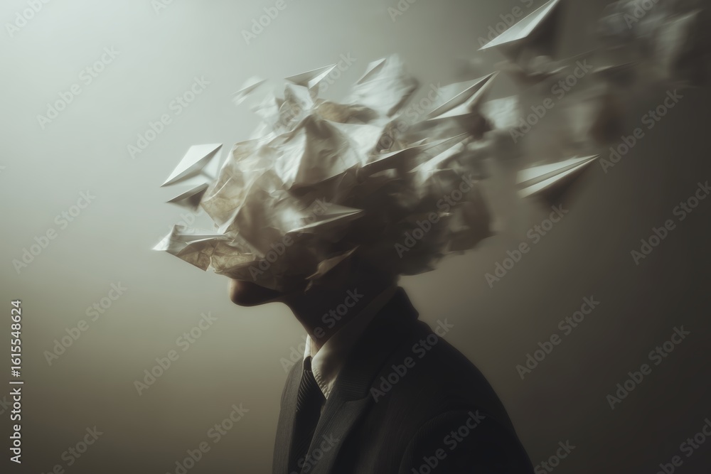 Poster man in a suit with a paper cloud for a head surrounded by flying paper airplanes in a surreal settin