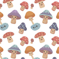Cute Cartoon Mushroom Seamless Pattern Illustration Black Background