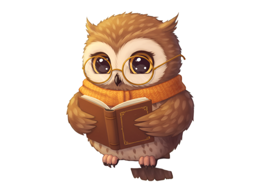Cute Cartoon Owl Reading A Book With Glasses Isolated Transparent Illustration