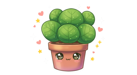 Cute Cartoon Plant In Pot Illustration On Isolated Transparent Background