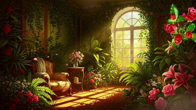 Sunlit Indoor Garden Room Seamless Loop Timelapse