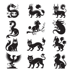 Vector art of a collection of twelve black silhouette mythical creatures and fantasy beasts
