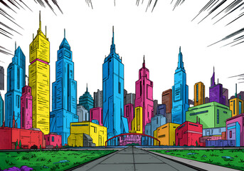 Fototapeta premium Colorful City Skyline Illustration With Buildings And Dark Night Background