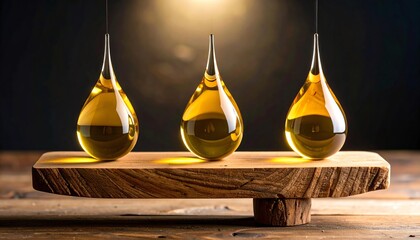 Three elegant drops of olive oil on display.