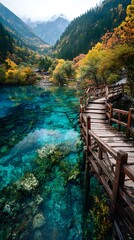 Wooden Bridge Over Turquoise Lake in Jiuzhaigou Valley National Park During Autumn Season