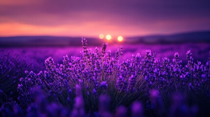 Naklejka premium Vibrant purple lavender field at sunset