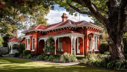 Obraz premium Red Victorian house shaded by trees