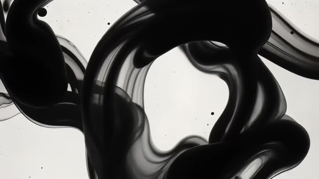 Abstract black paint swirls on white background, fluid and elegant