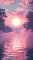 Reflecting Sunrise Over Calm Water with Trees and Pink Clouds