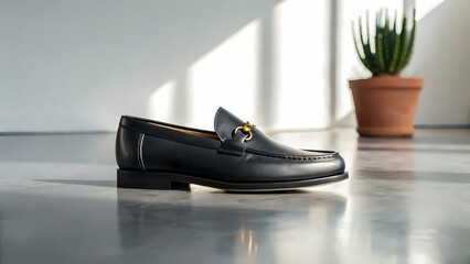 Elegant Men's Leather Loafer with Gold Buckle on Concrete Floor